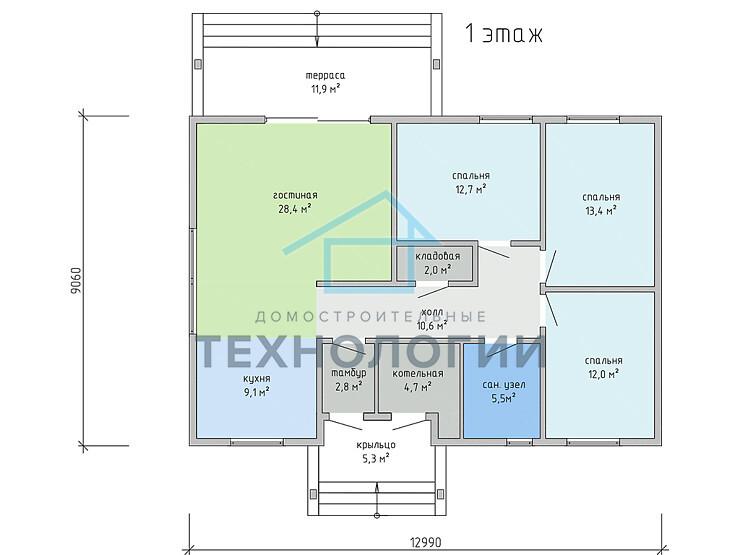 Современный одноэтажный брусовой дом 9х13 с котельной Далебор